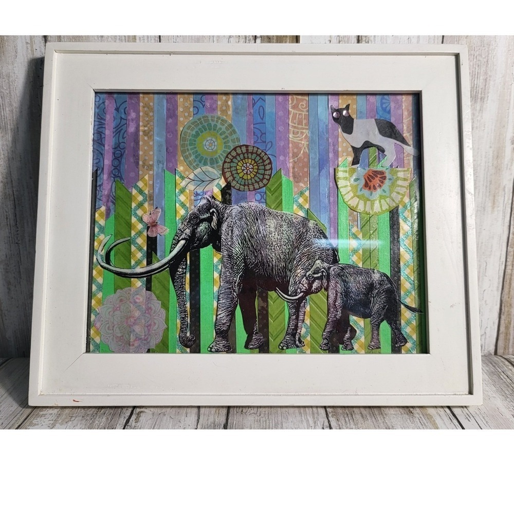 Framed Elephant Art Print Whimsical Wall Decor Cat Butterfly Colorful